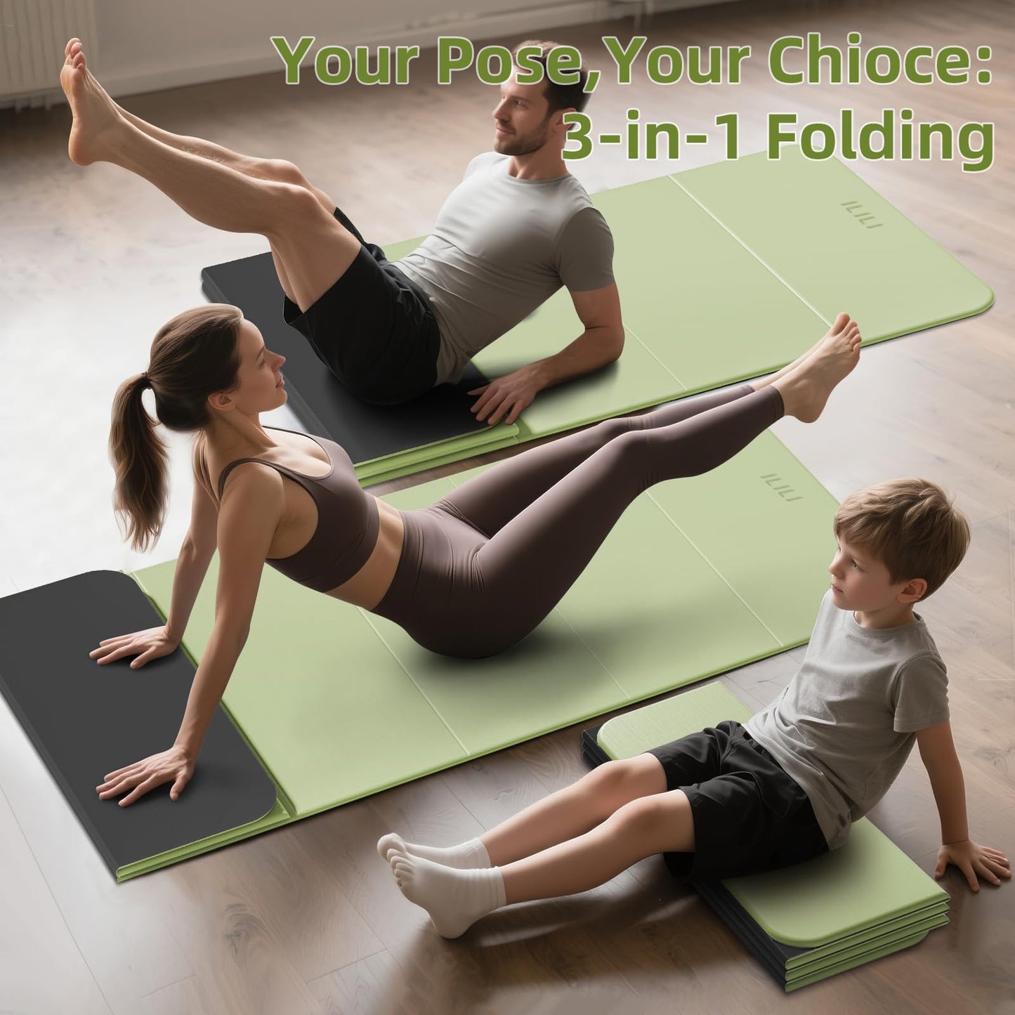 ILILI Foldable Yoga Mat, 10mm Thick, TPE Material, Extra Long 75"L x 26"W, Soft and Comfortable Folding Mat 0.4 Inches, Easy to Carry and Store, 190*66cm Portable Multi-Functional Use for Yoga, Home Exercise & Outdoor (Matcha Green+Black)
