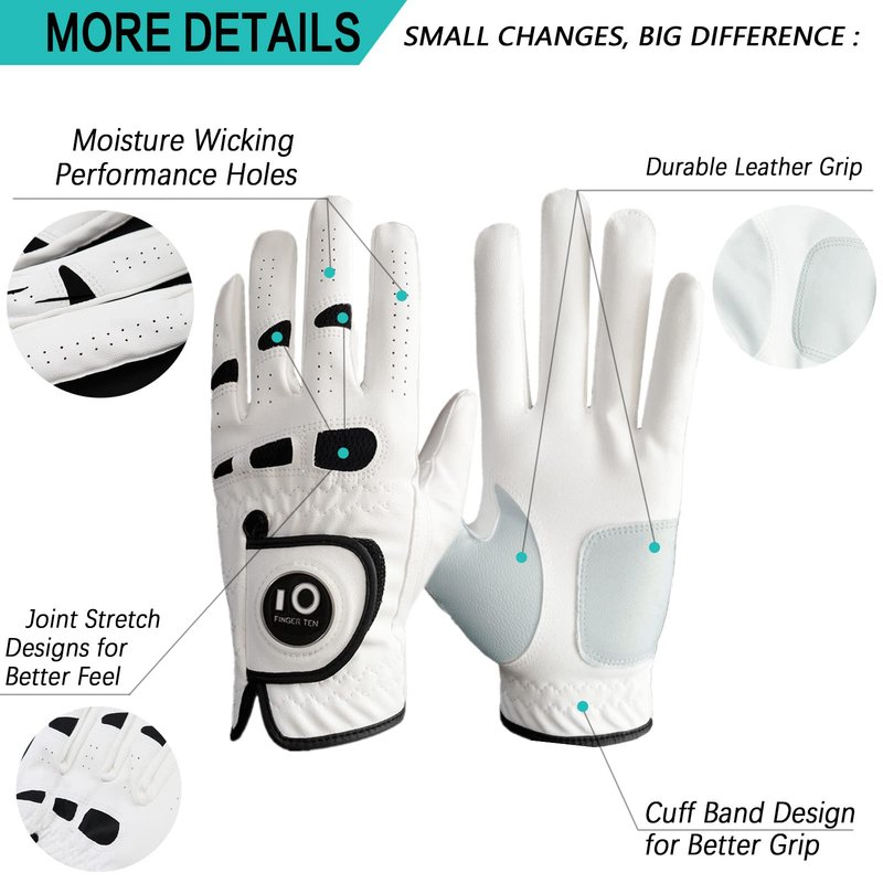 FINGER TEN Men’s Golf Gloves Left Hand Right with Ball Marker 2 Pack, Weathersof Grip Soft Comfortable, Fit Size Small Medium ML Large XL (Large, Worn on Left Hand)