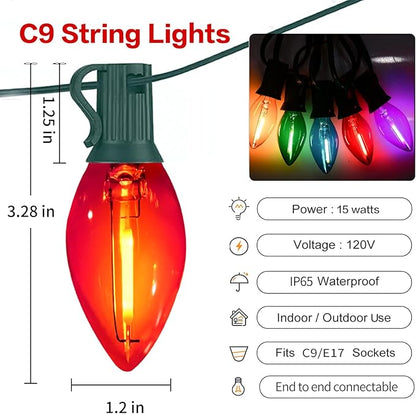 C9 Christmas Lights Outdoor, 25FT Waterproof Multicolor LED String Lights for Roofline Xmas Tree Patio Holiday Party Decor - UL Listed, Commercial Grade, Green Wire