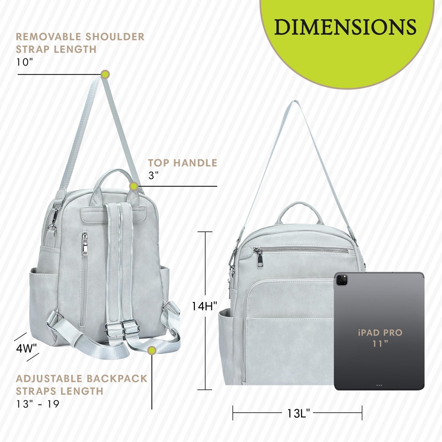 MMS Brands Antik Kraft Willa Vegan Leather Backpack (Grey) | Convertible Backpack Purse for Women | Vegan Leather Shoulder Bag | 13" L x 4" W x 14" H