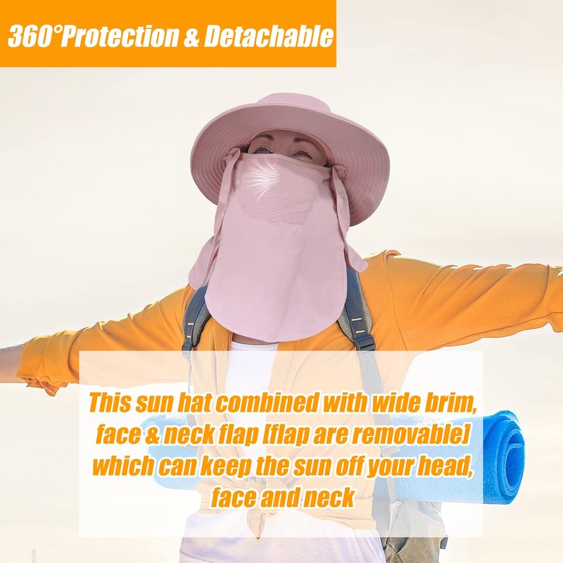 Fishing Hat for Men & Women, Outdoor UV Sun Protection Wide Brim Hat with Face Cover & Neck Flap (Pink)