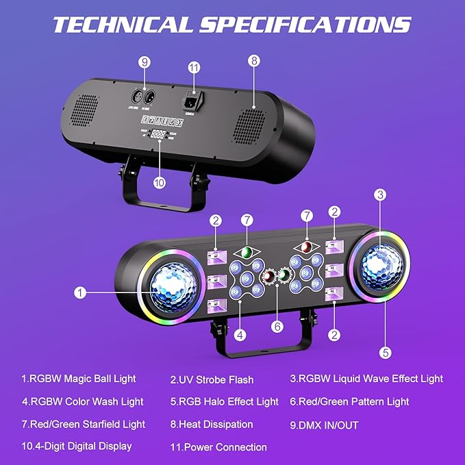 80W Dj Lights with Stand,7 in 1 Party Light Dj Disco Lights Sound Activated DMX Wireless Control with Rotating Ball,Strobe,UV,Colorful Effect for Stage KTV Band Wedding with Carry Bag (Black, 4)