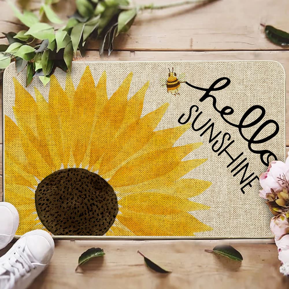 ORTIGIA Hello Sunshine Sunflowers Doormat Indoor Outdoor Patio Summer Sping Bee Kind Door Mats Non-Slip Durable Entrance Mat for Home Entrance, Outside Entry, Yard, Floor, Patio 17x29.5INCH