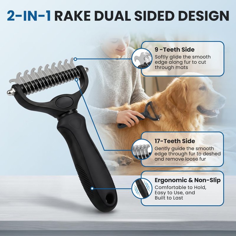 Double-Sided Pet Grooming Rake - 4-in-1 Professional Pet Grooming Kit Deshedding Dematting Tool for Dogs Cats Extra-Wide Grooming Brush & Deshedder Comb for Long & Short Haired Pets (Black Kit 4PCS)