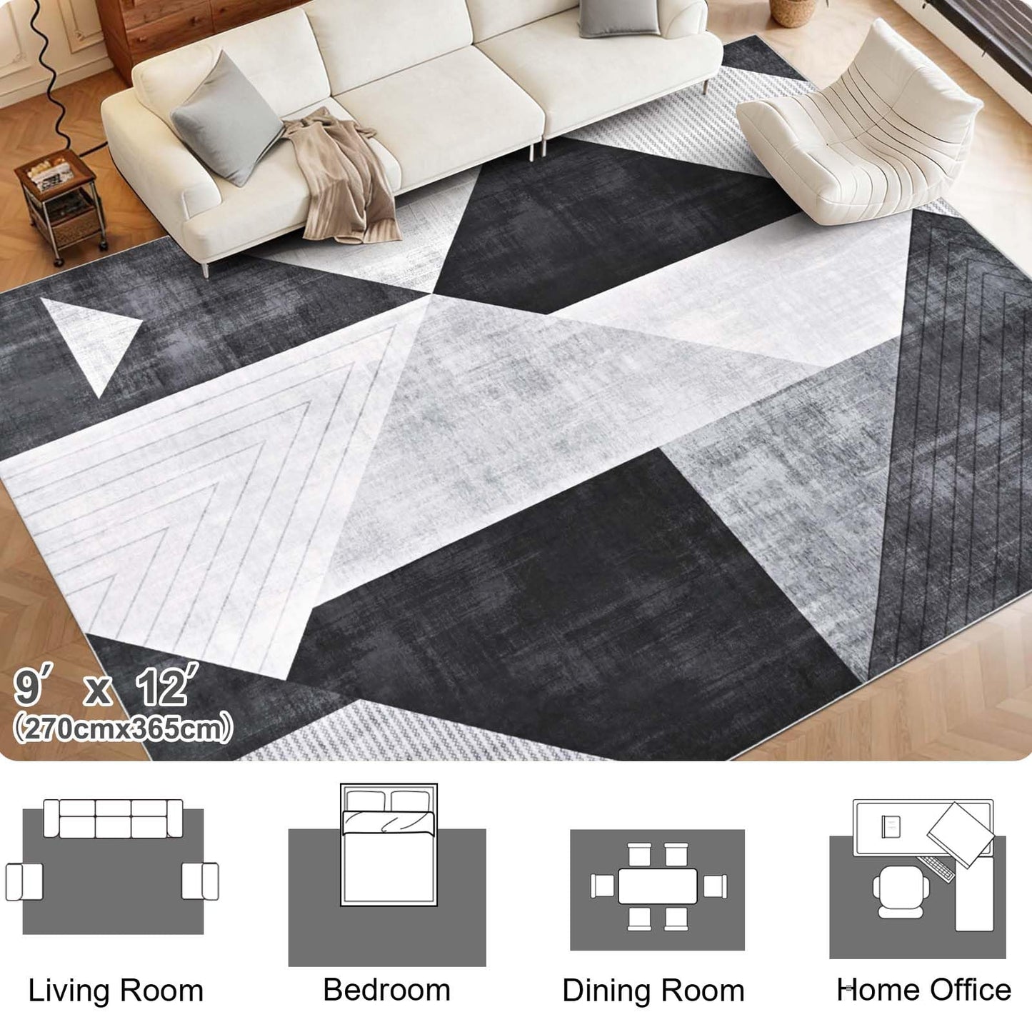 Yinhua Modern Geometric Area Rugs 9x12 Living Room Grey Washable Rugs Non Slip Low Pile, Large Soft Bedroom Rug Non Shedding, Modern Simplicity Carpet for Home Office, Dining Room, Grey Black