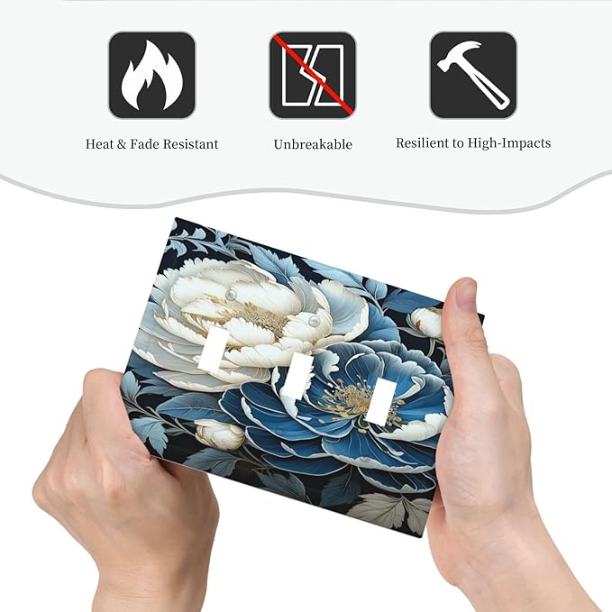 White Blue Flower Peonies Light Switch Covers 3 Gang Triple Toggle Wall Plate Decorative Switchplate Electrical Faceplate for Farmhouse Living Decor