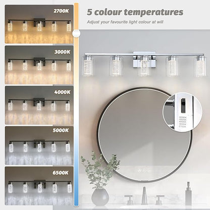 5 Light Chrome Bathroom Light Fixture, Dimmable 5CCT Chrome Bathroom Vanity Lights, 2700K-6500K Modern Crystal Bubble LED Wall Sconce Over Mirror with Clear Glass for Bedroom, Living Room