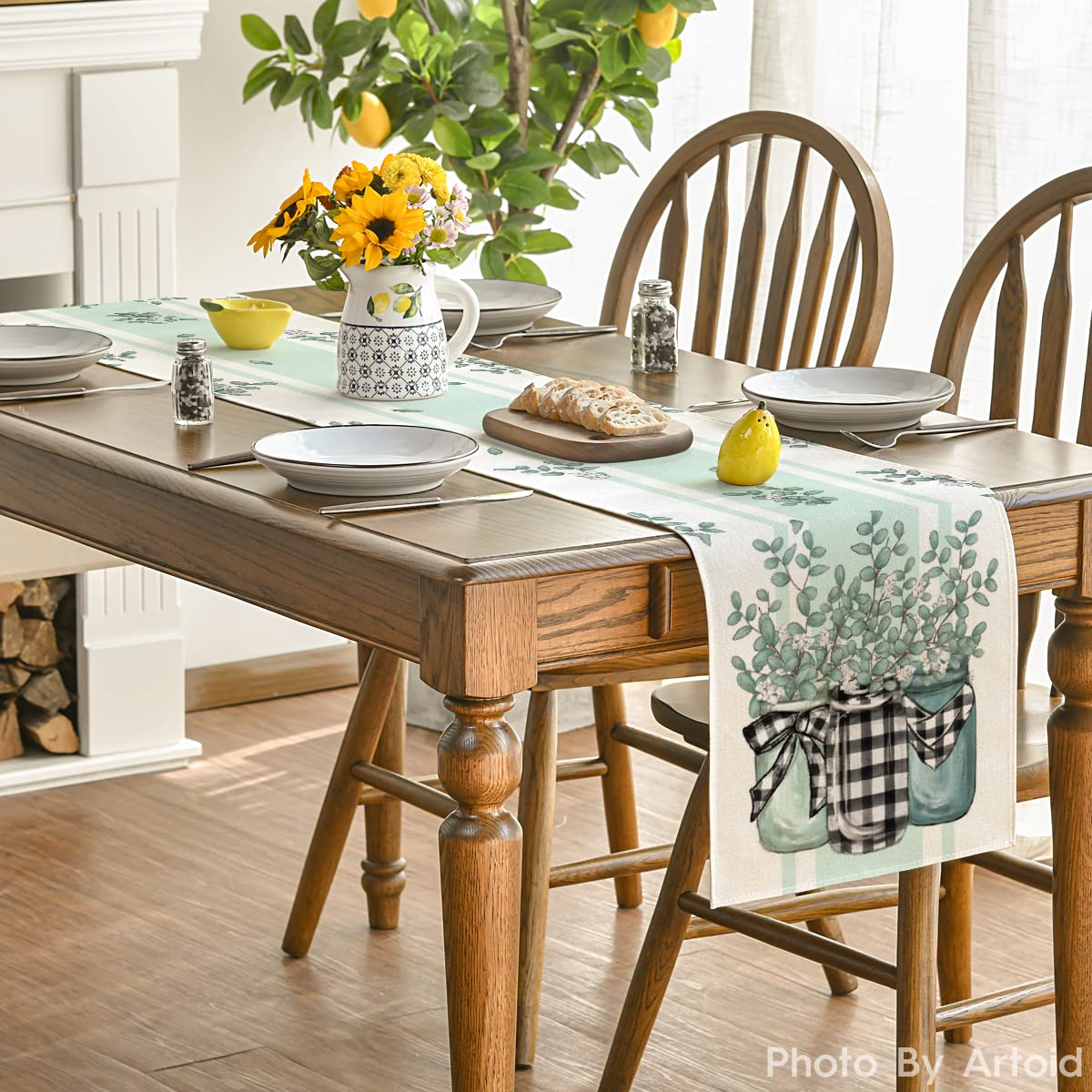 Artoid Mode Buffalo Plaid Eucalyptus Vases Summer Table Runner, Spring Kitchen Dining Table Decoration for Home Party Decor 13x72 Inch