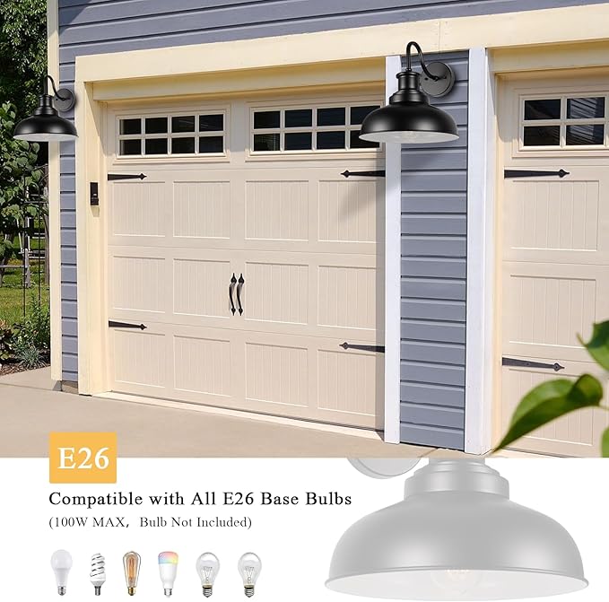 Outdoor Gooseneck Barn Light Outdoor Wall Sconce Farmhouse Exterior Wall Mount Light Vintage Outside Wall Lighting Fixture Industrial Black White Lantern for Porch, Entryway, Garage, 2 Pack