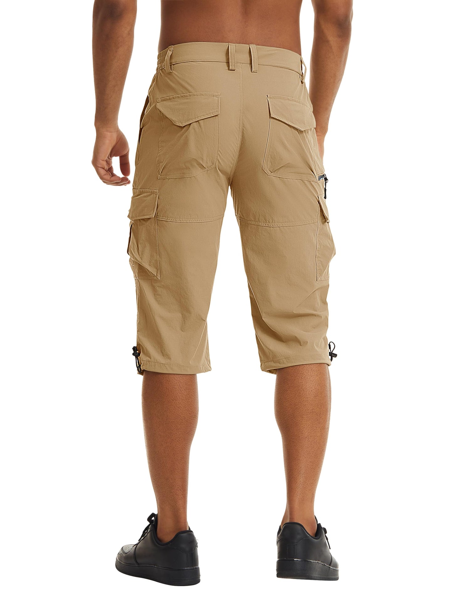 TACVASEN Men's Cargo Shorts Hiking Quick Dry 3/4 Long Shorts Below Knee Work Water Resistant Capri Pants with Drawstring Khaki