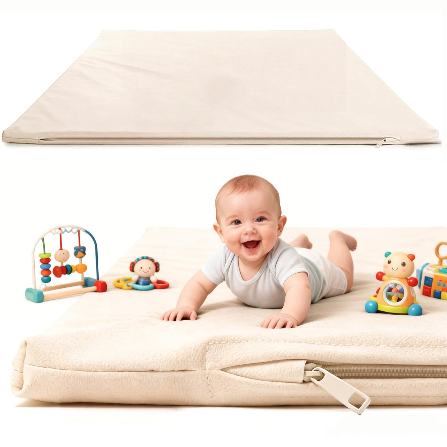 FONESO Leather Baby Play Mat, 50x50 Inch Thicken Memory Foam Cushioned Waterproof Playpen Mat, Wipeable Soft Crawling Tummy Time Floor Rug for Infants Toddlers Kids (Beige)