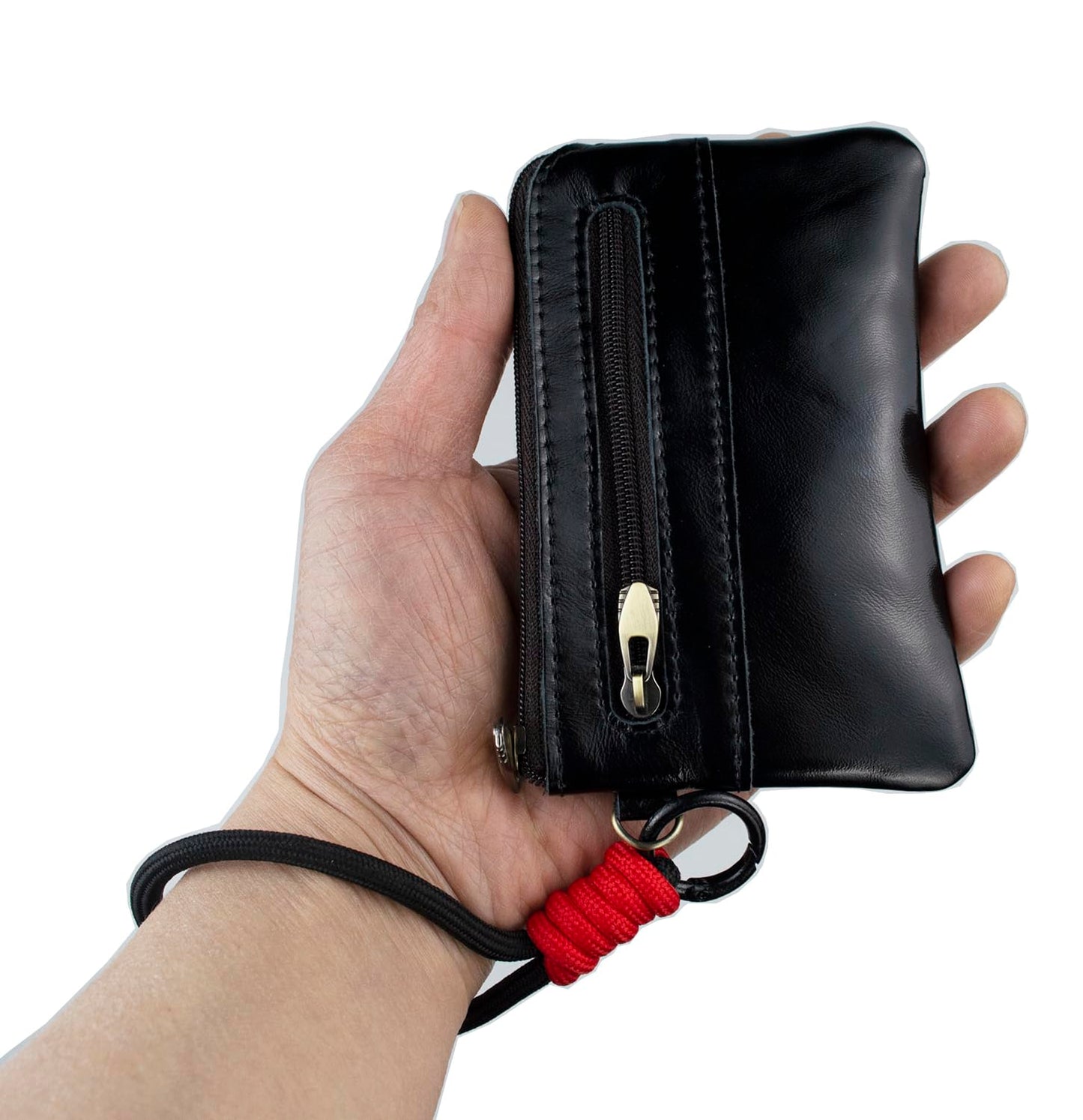 Genuine Leather Coin Purse with Removeable Wallet Chain & Wristlet - 2-Zipper Pocket Keychain Wallet, Small Black Change Purse and Card Holder for Men & Women