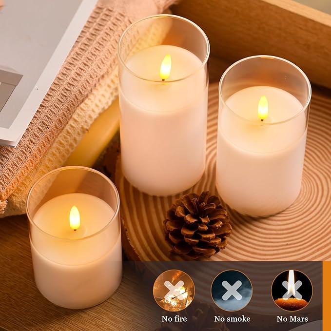 Glass Battery Operated LED Flameless Candles with Remote and Timer, Real Wax Candles Warm Color Flickering Light for Festival Wedding Home Party Decor(Pack of 3)-Lvory White