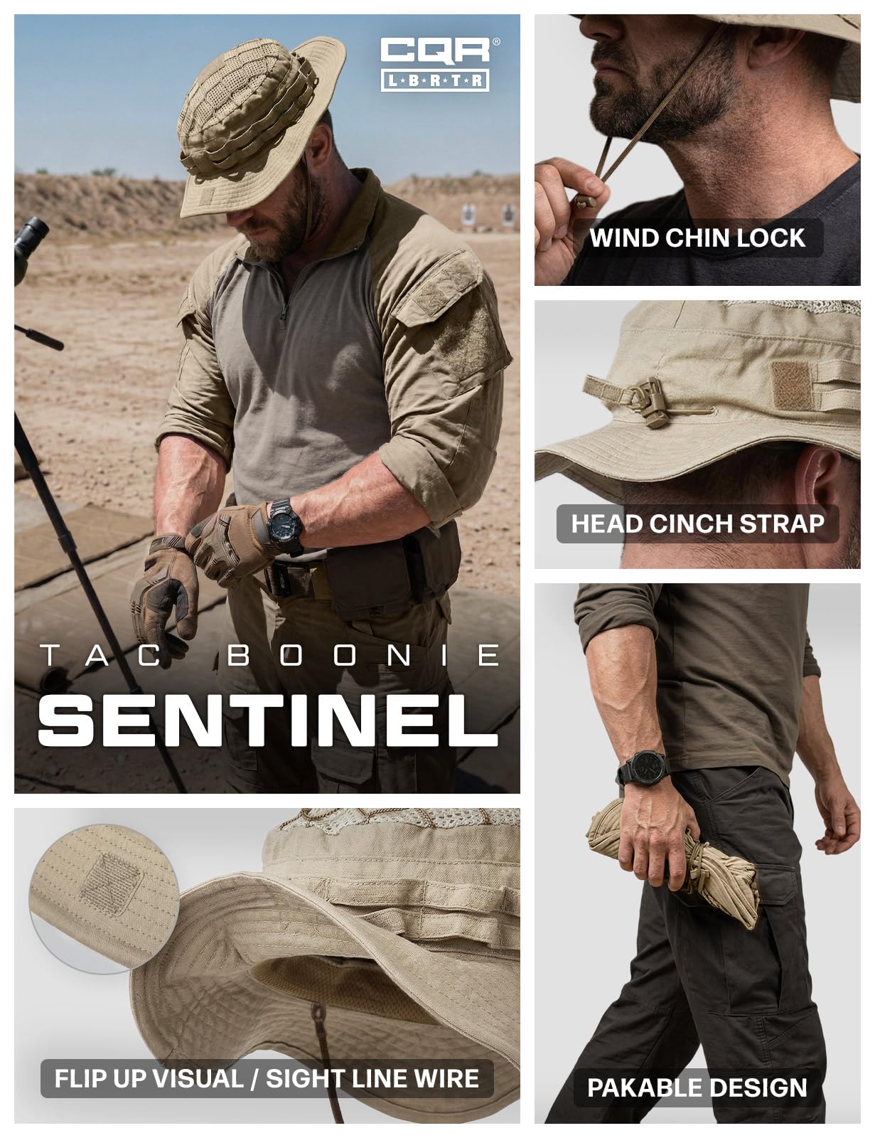 CQR Men's Tactical Boonie Hat, Breathable Packable Sun Hat for Hunting, Hiking, Fishing, Shooting, and Outdoor Activities, Sentinel Alamo Khaki, Small-Medium