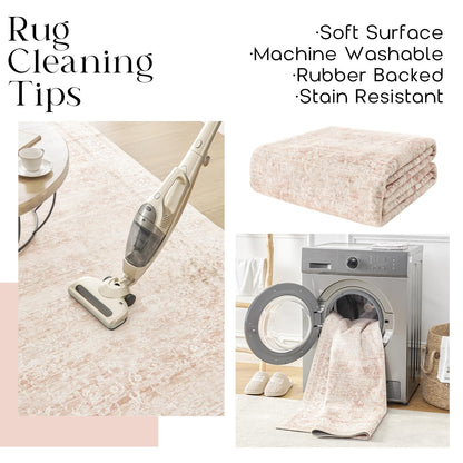 Pink Nursery Rug for Baby Girl 5 x 7 Neutral Blush Pink Boho Cute Floral Foldable Machine Washable Low Pile Soft Surface Carpet Area Rugs for Living Room Bedroom Dorm Kids Playroom,5x7