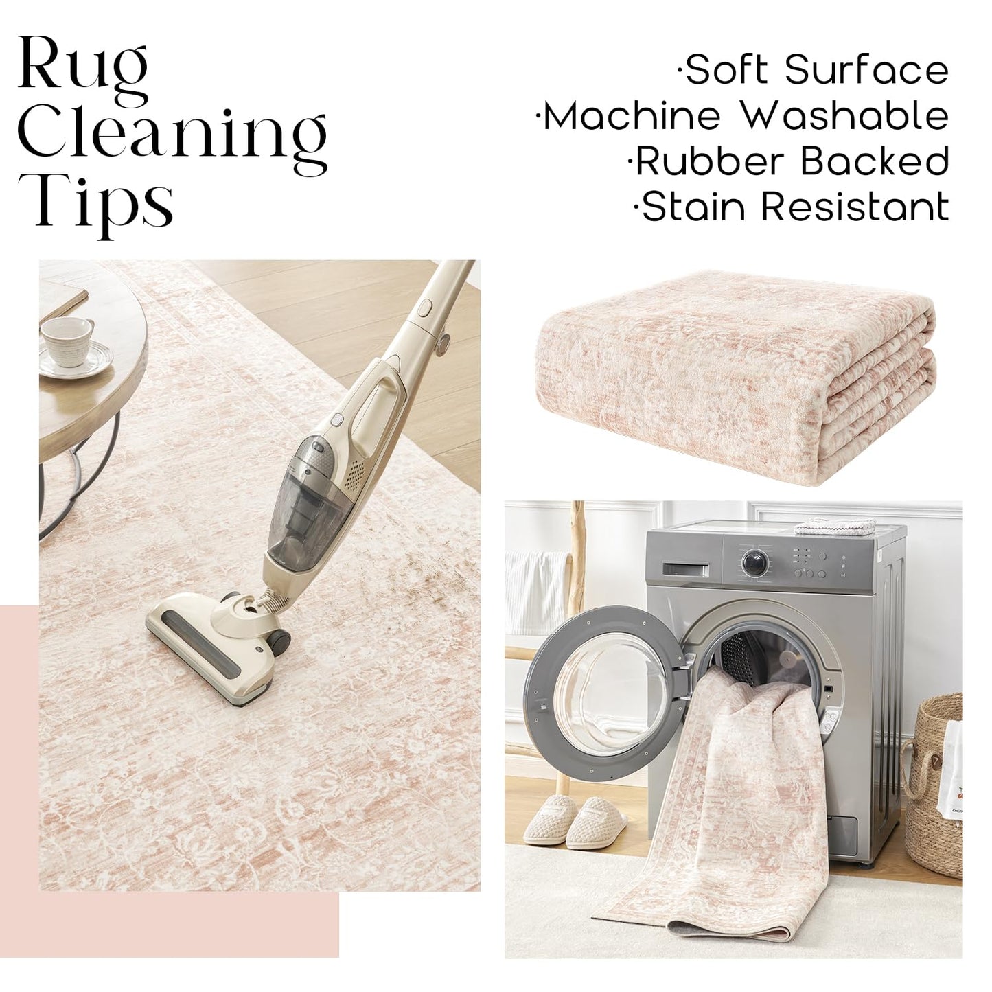 BILEEHOME Light Pink Nursery Rug for Baby Girl Neutral Blush Pink Boho Floral Pattern Carpet 5 x 8 Washable Non Slip Low Pile Soft Surface Area Rugs for Living Room Bedroom Playroom,5x8