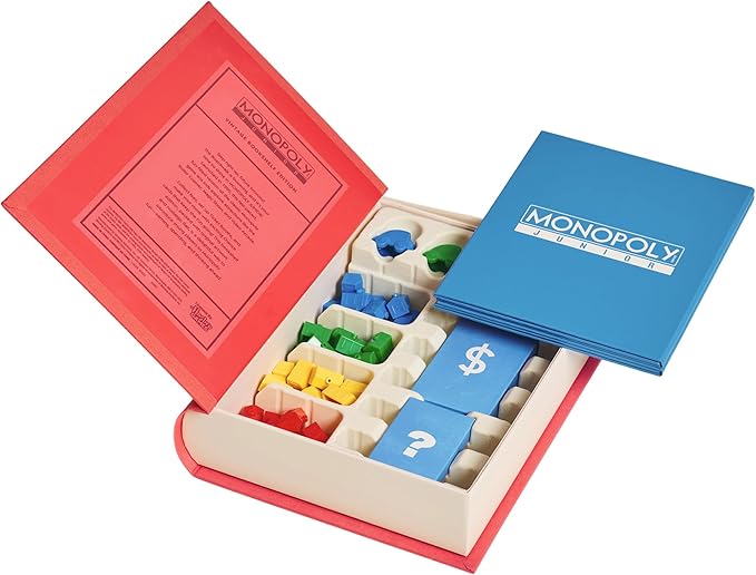 WS Game Company Monopoly Junior Vintage Bookshelf Edition: Linen Fabric-Wrapped Book Case — Classic Monopoly Jr. Board Game for Family Game Night (2-4 Players Ages 5+)