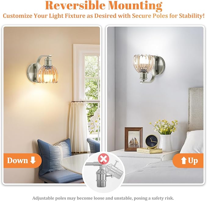 Rechargeable Battery Operated Wall Sconce Set of Two with Amber Glass Lampshade, Wireless Wall Scone Decor with Remote Control, 15 Colors Brushed Nickle Wall Light for Bedside Hallway Bedroom Doorway
