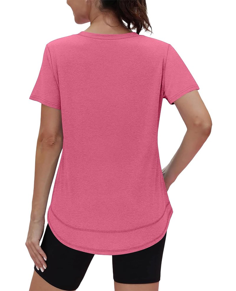 Short Sleeve Shirts for Women Workout Yoga Tops Sun Protection Clothing Summer Outfits Rash Guard Side Slit V Neck Red Pink XL