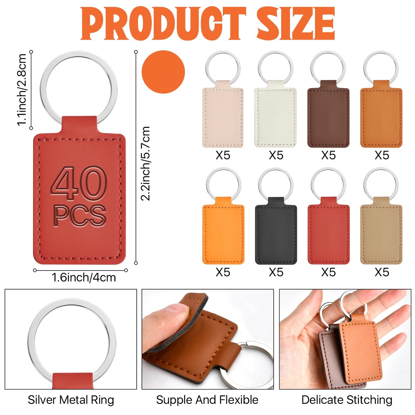Aemygo 40 Pcs Leather Key Fob Kit, PU Leather Keychain Blanks with Key Rings, Rectangular PU Blanks Engraving Keychain Bulk for DIY Crafts, Laser Stamping