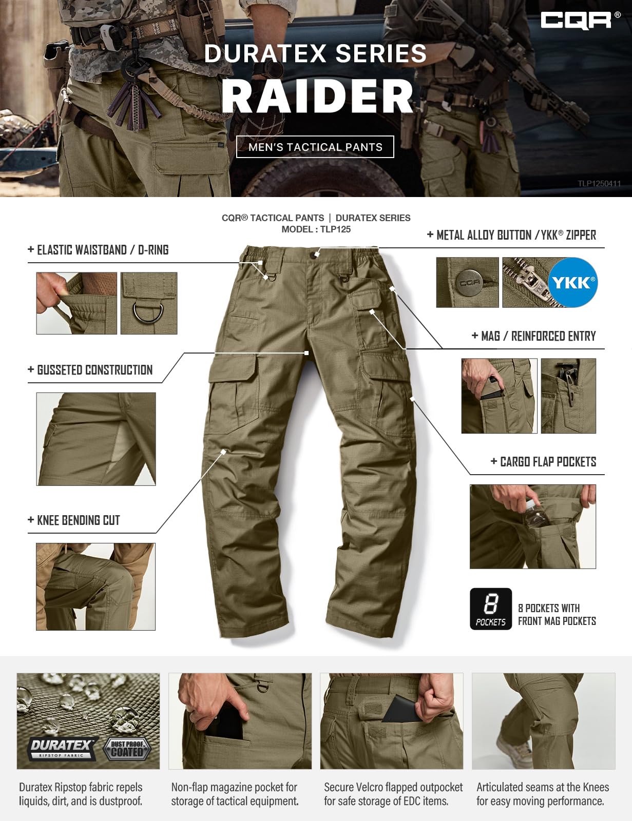 CQR Men's Tactical Pants, Water Resistant Ripstop Cargo Pants, Lightweight EDC Work Hiking Pants, Outdoor Apparel, Raider Mag Soil Green, 38W x 34L