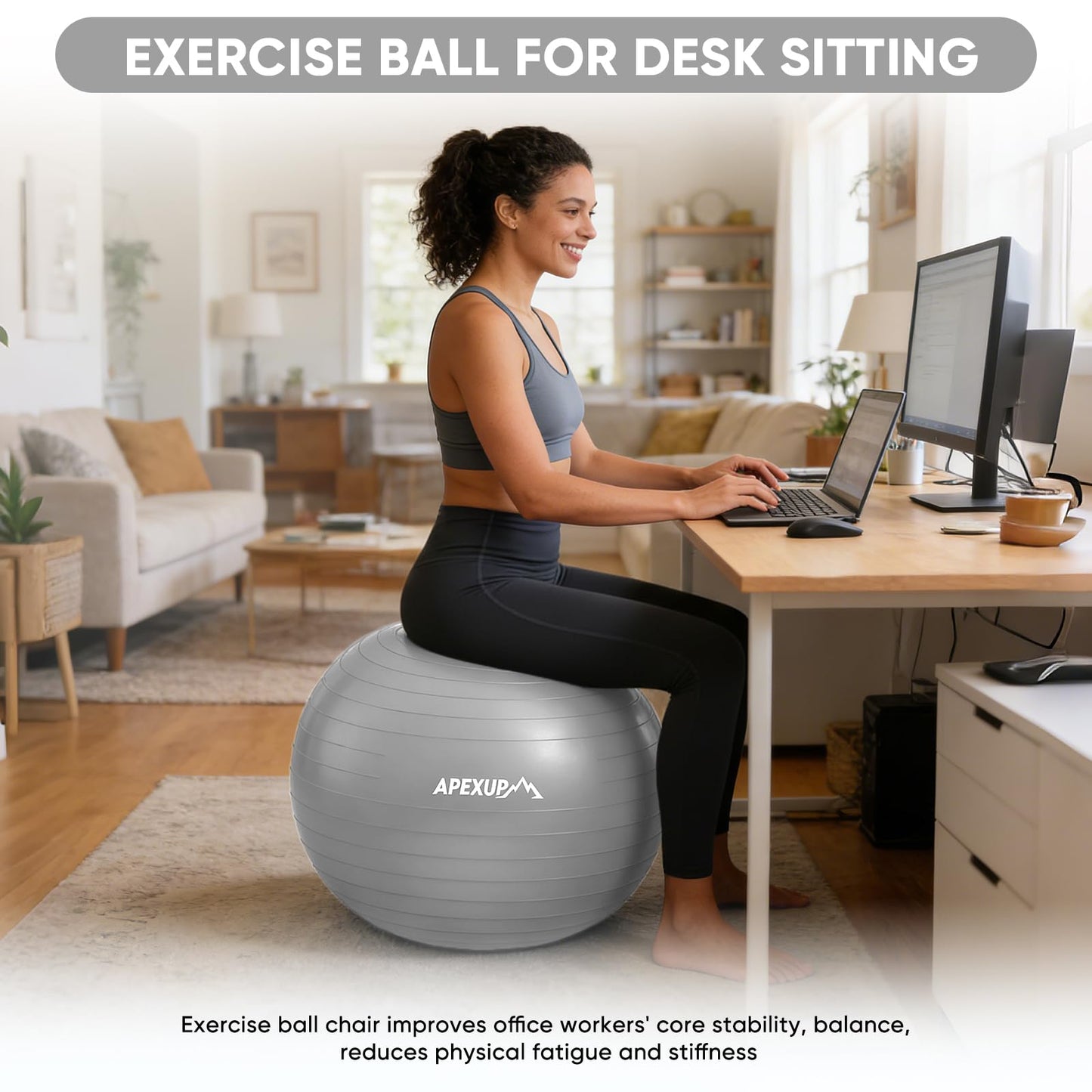 APEXUP Yoga Ball, 660 lbs Anti-Burst Exercise Ball with Pump, 5 Sizes (S (15"~18") 45cm, Silver)
