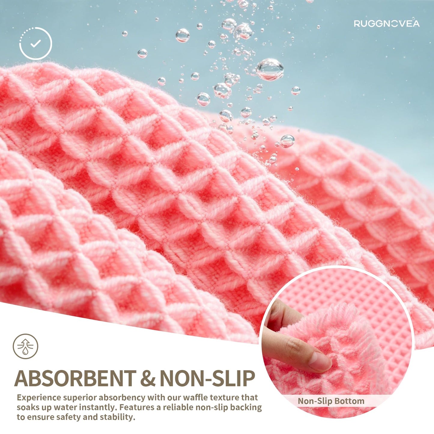 Ruggnovea Waffle Bath Mat Non Slip Washable 32x20, Super Absorbent Quick Dry Boho Bathroom Rugs with Tassels, High Density Non Slip Backing, Luxury Carpet for Tub&Shower, Pink