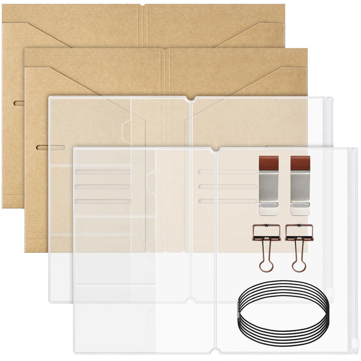 Travelers Notebook Accessories Kit - Kraft File Folders, PVC Zipper Pouches, Pen Holders, Binder Clips, Elastic Bands for Travel Journal Organizer(2 Pack, A5 Size)