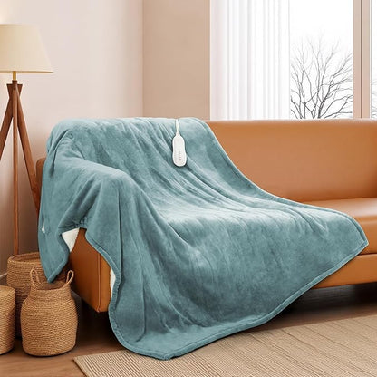 Heated Blanket Throw 50"x60", ETL & FCC Certified Electric Blanket with 3-Hour Timer Auto-Off & 5 Heating Levels, Overheat Protection, Machine Washable - Cyan Blue