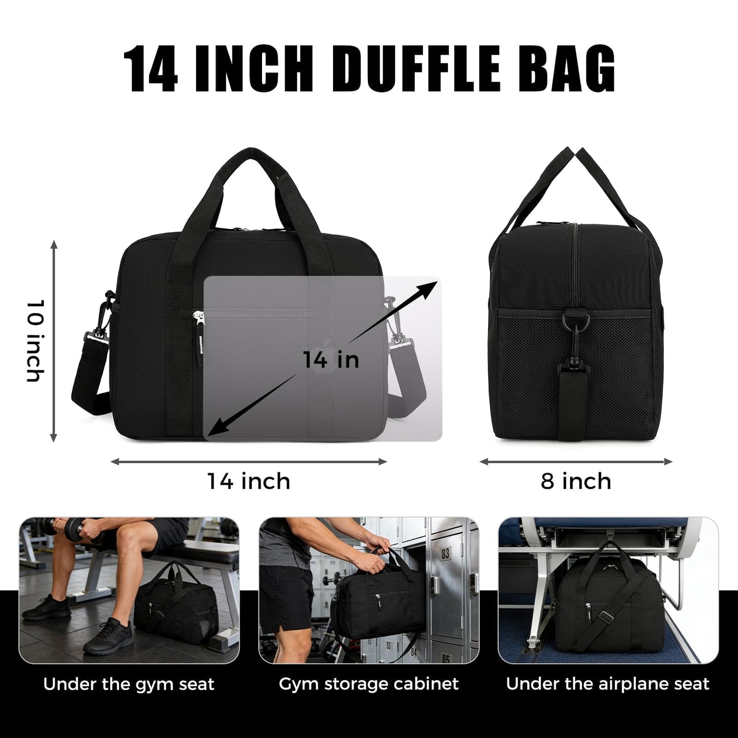 Uarition 14 inch Small Gym Bag for Men & Women, Mini Duffle Bag for Travel Sports, Lightweight Carry On Duffel Bag, Black