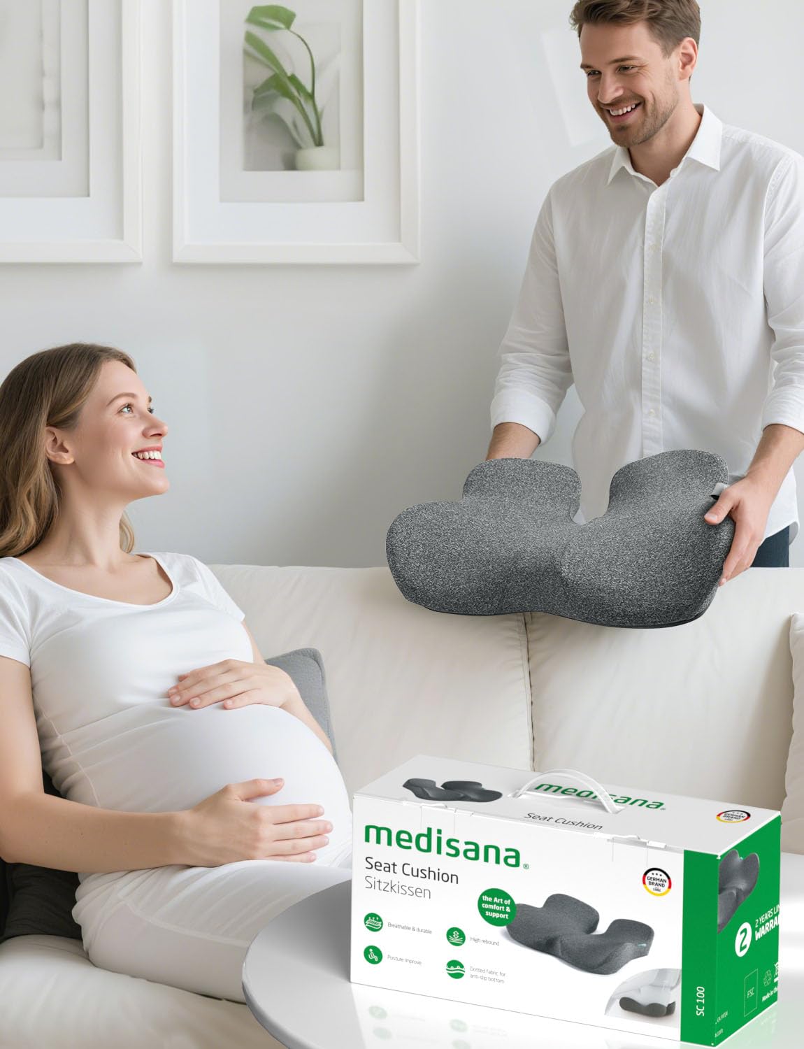 medisana Seat Cushion, SC 100 Seat Cushions for Office Chairs, Car Seat, Wheelchair - Sciatica & Tailbone & Coccyx Pain Relief Pillow for Driver Sedentary, Gift for Women Men(Size:18*14.6*3.54in-Grey)