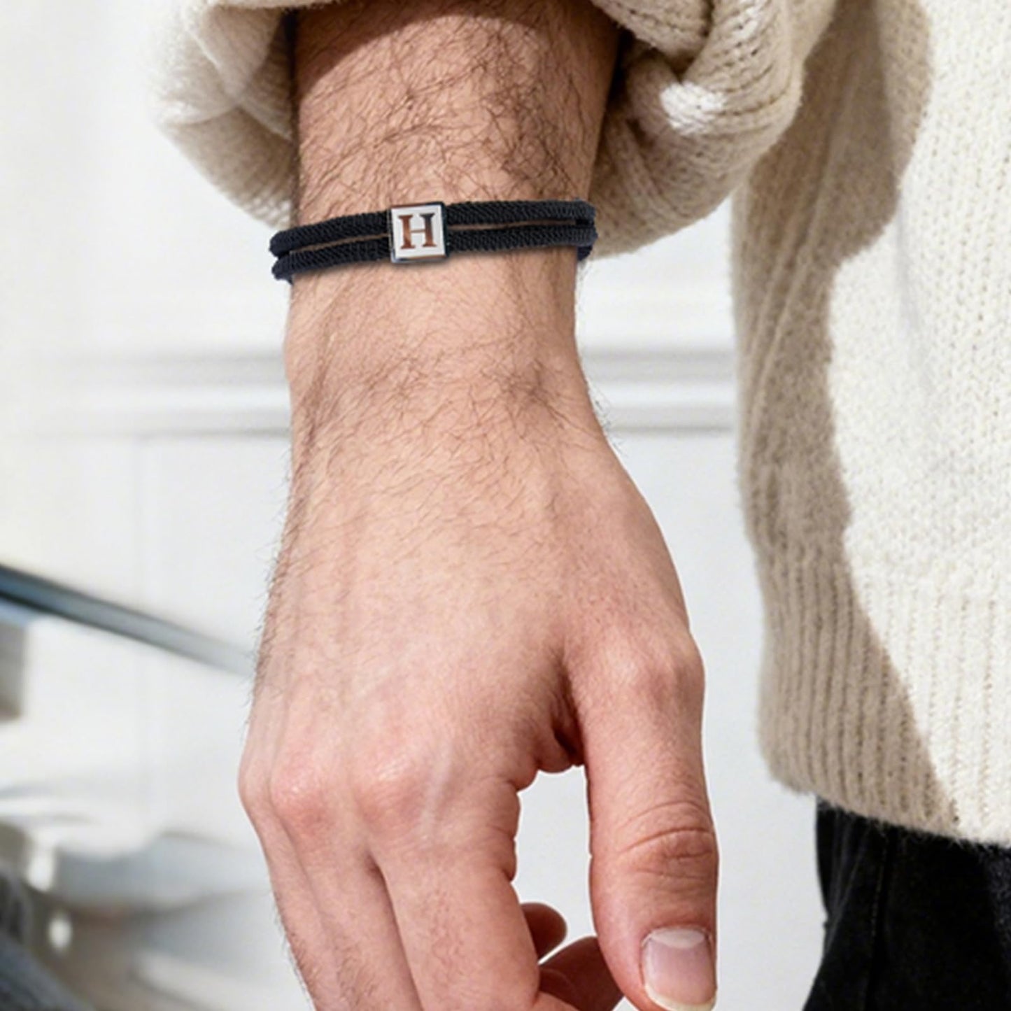 BHDJSHX Personalized Initial Rope Bracelet for Men, Stainless Steel A-Z Letter Charm Bracelet,Adjustable Handmade Braided Black Cord,7-13 Inches,Gifts For Men,Brothers,Son,Boyfriend(C)