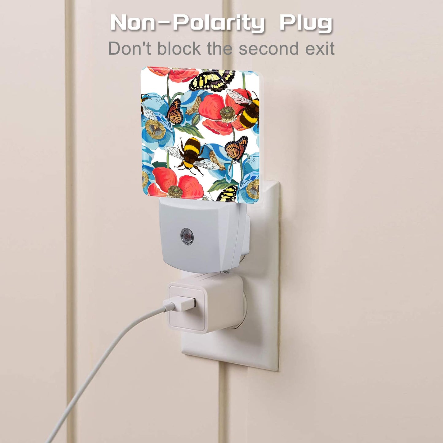 Red Poppy Flowers with Bee Butterflies Night Light for Kids,Bright Floral Insects Night Light Plug in with Dusk to Dawn Sensor,0.5w Energy Saving Nightlight for Hallway Stairway Kitchen Bedroom