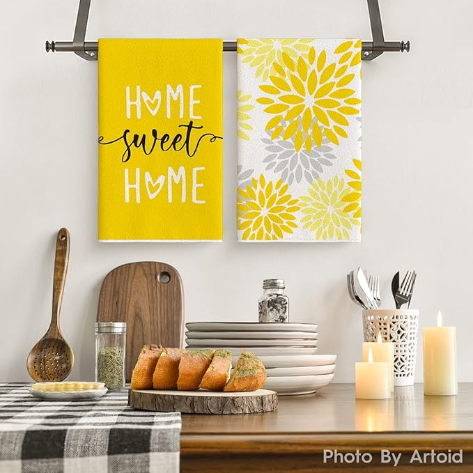 Artoid Mode Yellow Stripes Home Sweet Home Boho Summer Kitchen Towels Dish