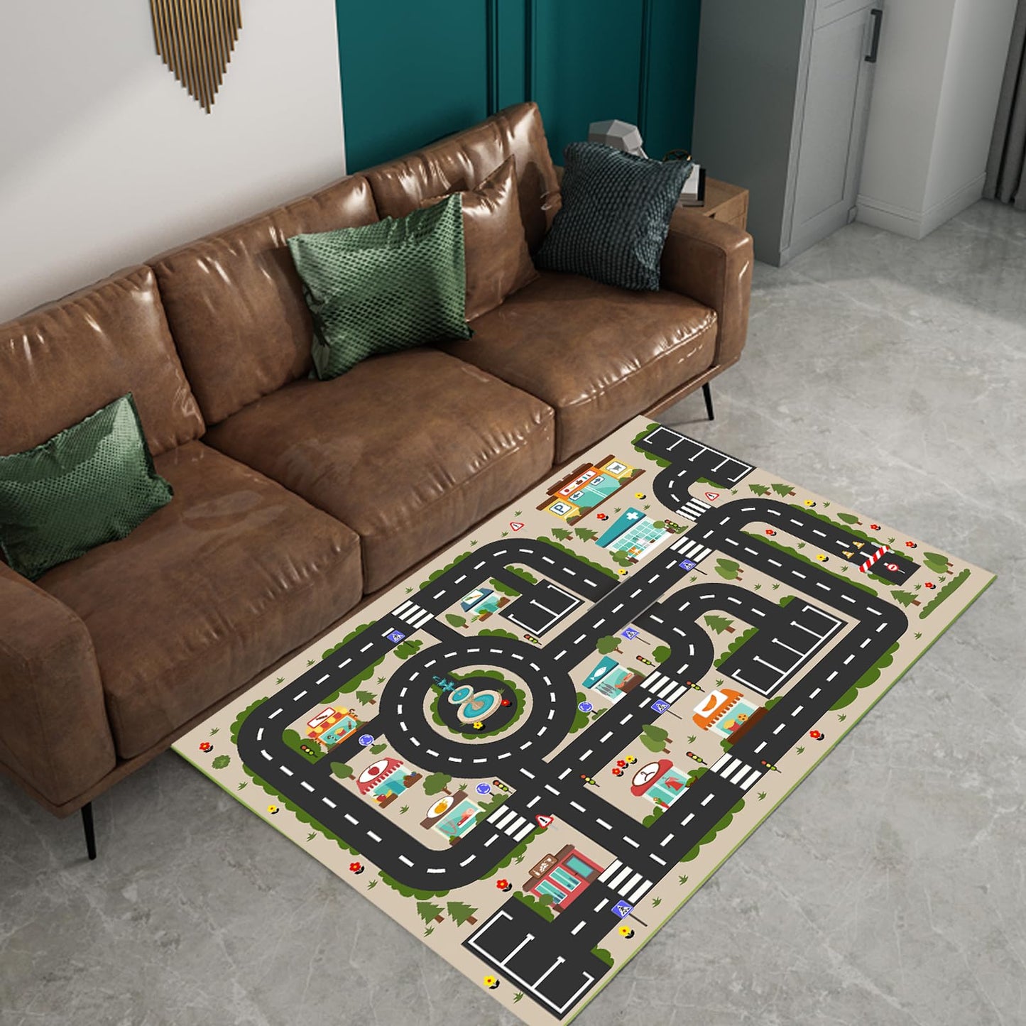 Analog ABC Kids Rug Playroom Car Play Mat City Life Road Rug for Cars Fun City Map for Carpet for Bedroom Boys (63 * 94 inches, Evening City)