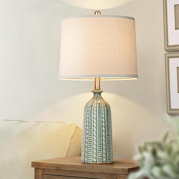 Green Ceramic Table Lamp 24.5": 3-Way Dimmable Nightstand Lamp with White Drum Lamp Shade | Modern Bedside Lamp for Bedrooms & Living Room (Bulb Included)