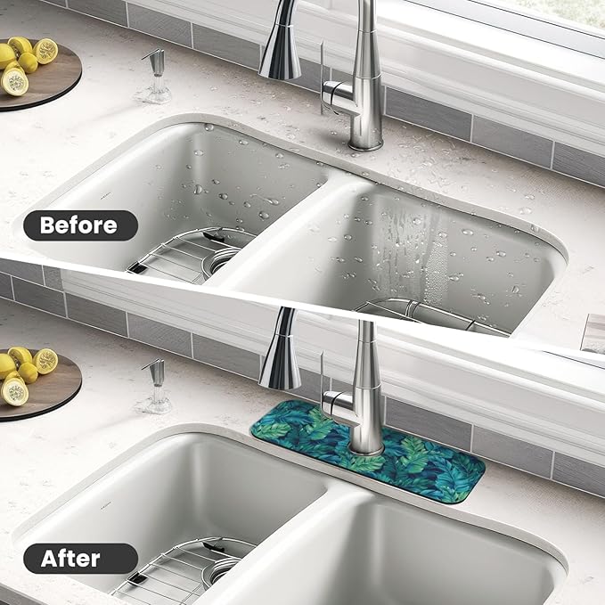 Palm Leaves Tropical Summer Green Hawaiian Kitchen Sink Splash Guard Faucet Mat