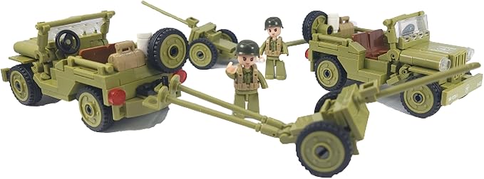 General Jim's WW2 US Army 4x4 Vehicle &amp Artillery Set Army Green Military Trucks with Tow Cannons 2 Figures &amp Custom Weapons Brick Building Set for All Building Levels Compatible with Major B