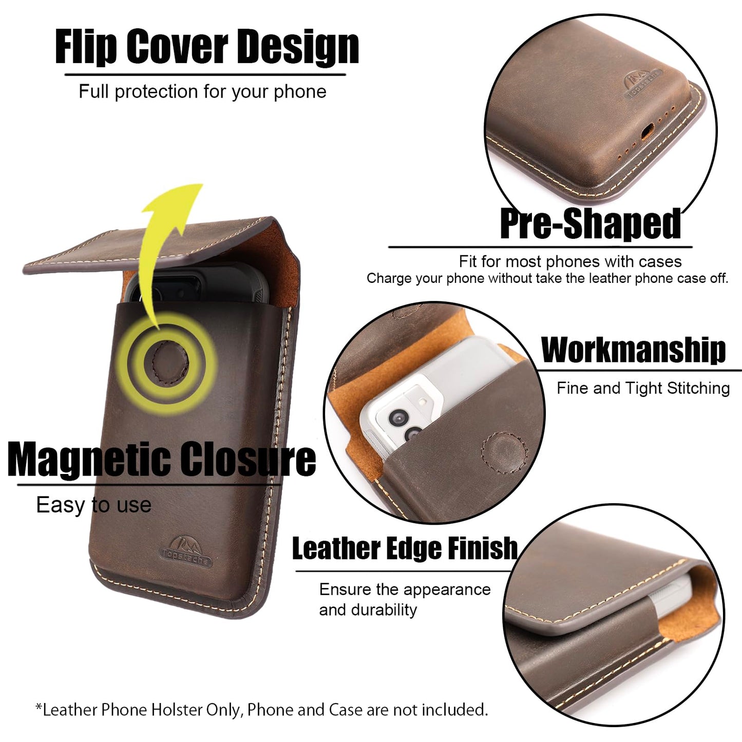 Topstache Leather Phone Holster for iPhone 17/16/15/14/13/12 - Leather Pouch with Belt Clip Phone Holster Belt Case for Galaxy S25/S24/S23/S22 - Universal Smartphone Sheath, L,Darkbrown