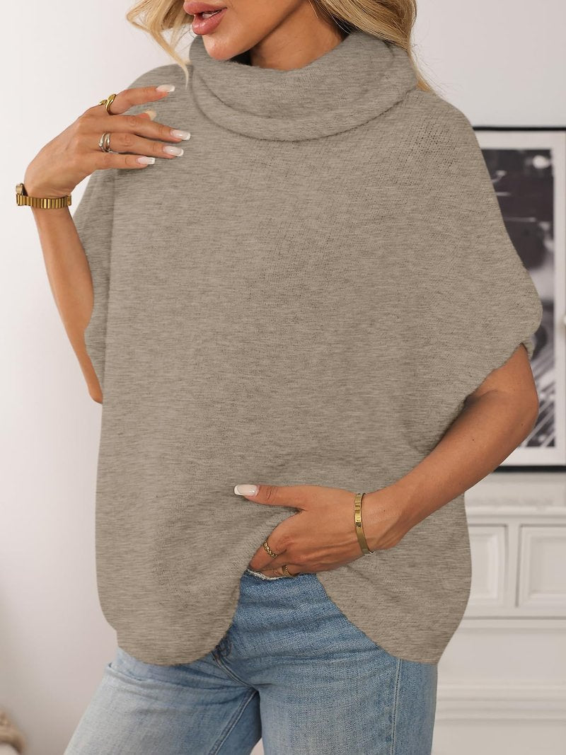 LILLUSORY Women's Mock Turtleneck Oversized Sweaters Cozy Short Batwing Sleeves Tops Fall Winter Loose Fit Chunky Clothes CoffeeGrey One Size
