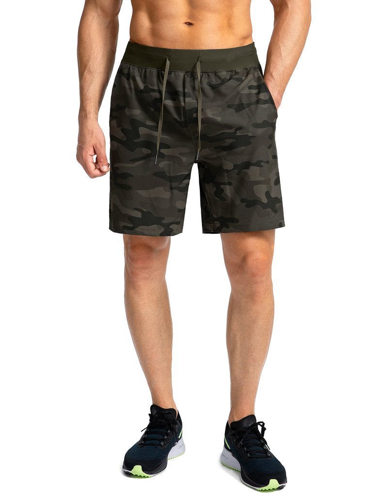 Soothfeel Men's Running Shorts with Zipper Pockets 7 Inch Lightweight Quick Dry Gym Athletic Workout Shorts for Men (Green Camo, XXL)