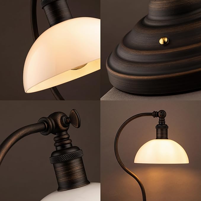 O'Bright Bankers - Cordless LED Table Lamp, Battery-Operated, Rechargeable, 3-Level Dimming, Universal USB-C Charging, 180° Swivel Head, White Jade Glass Shade, Oil Rubbed Bronze
