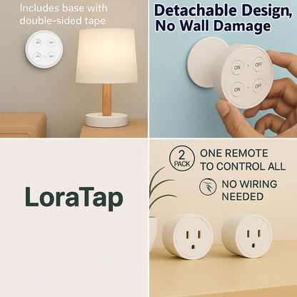 LoraTap Mini Remote Control Outlet Plug Adapter, 656ft Range Wireless Light Switch for Household Appliances, No Hub Required, 10A/1100W, White