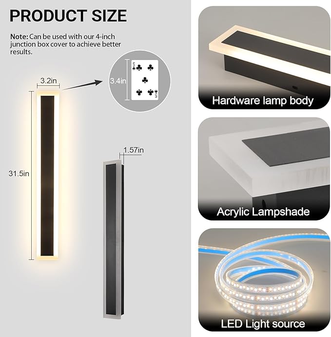 31.5 Inch Long Porch Lights Outdoor, Modern Outdoor Wall Light 3000K-6000K Dimmable Exterior Sconce IP65 Waterproof Exterior Wall Sconce Black Long Wall Lights for Porch Garage Patio Garden