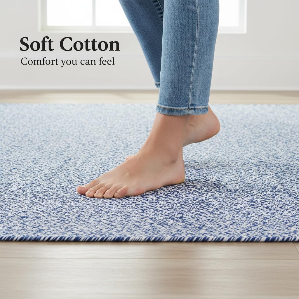 Super Area Rugs Oval Braided Rugs for Kitchen - Cotton Braided Rug 2x3 - Oval Soft Bathroom Throw Rugs, Woven Rug for Bedside, Blue & White