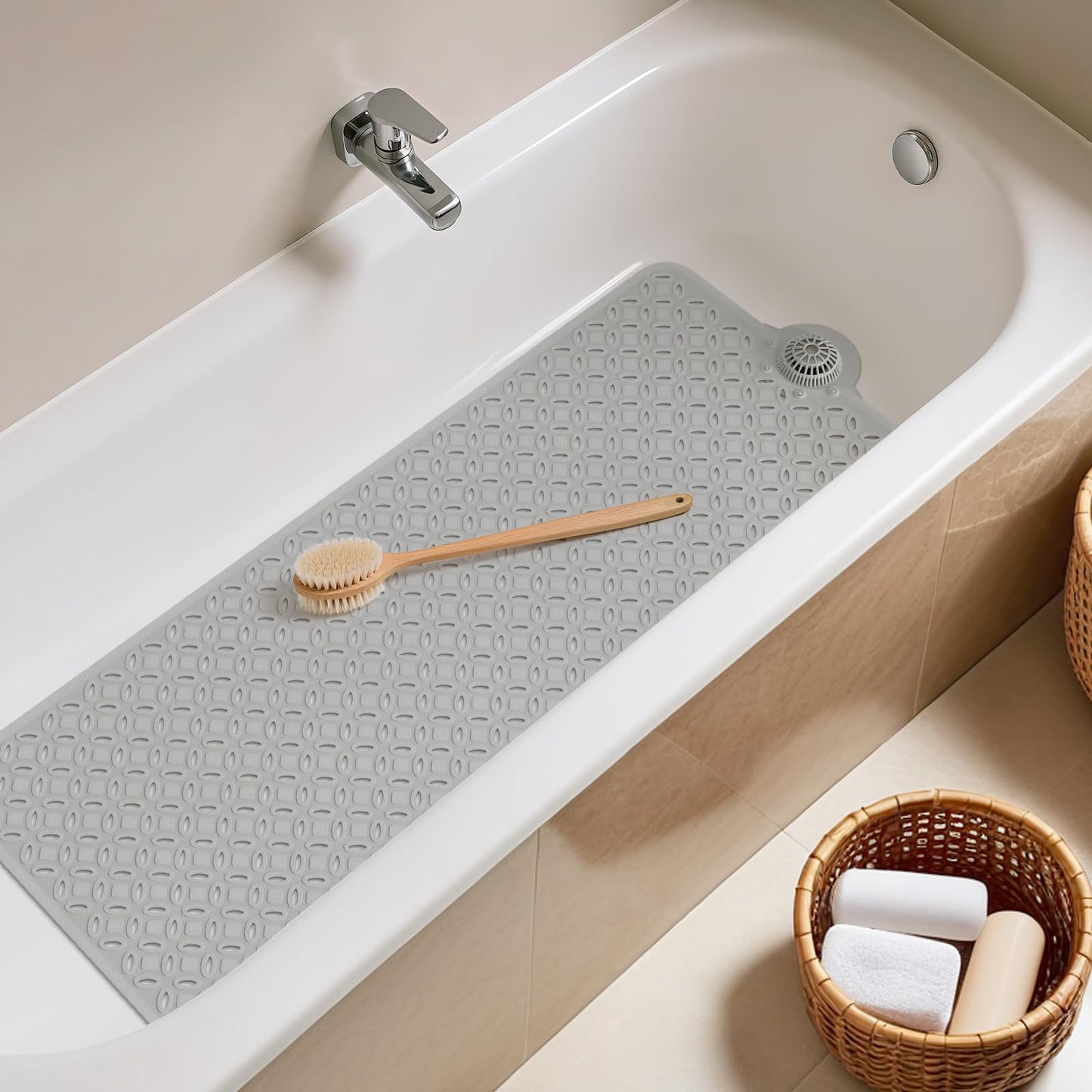 OTHWAY Bath Mat for Tub Non Slip: 39" X 17" Long Bathtub Mat with Hair Catcher│Big Drain Holes Shower Mats for Inside Shower│Machine Washable (Grey)