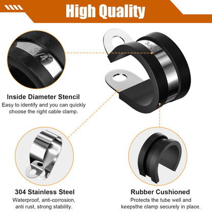 KKEETUR 80 Pcs Cable Clamps Assortment Kit, 7 Sizes 304 Stainless Steel Metal Cable Clamp, Insulated Wire Clamps Cushion Rubber Coated Pipe Hose Clamp 1/4" 5/16" 3/8" 1/2" 5/8" 3/4" 1"