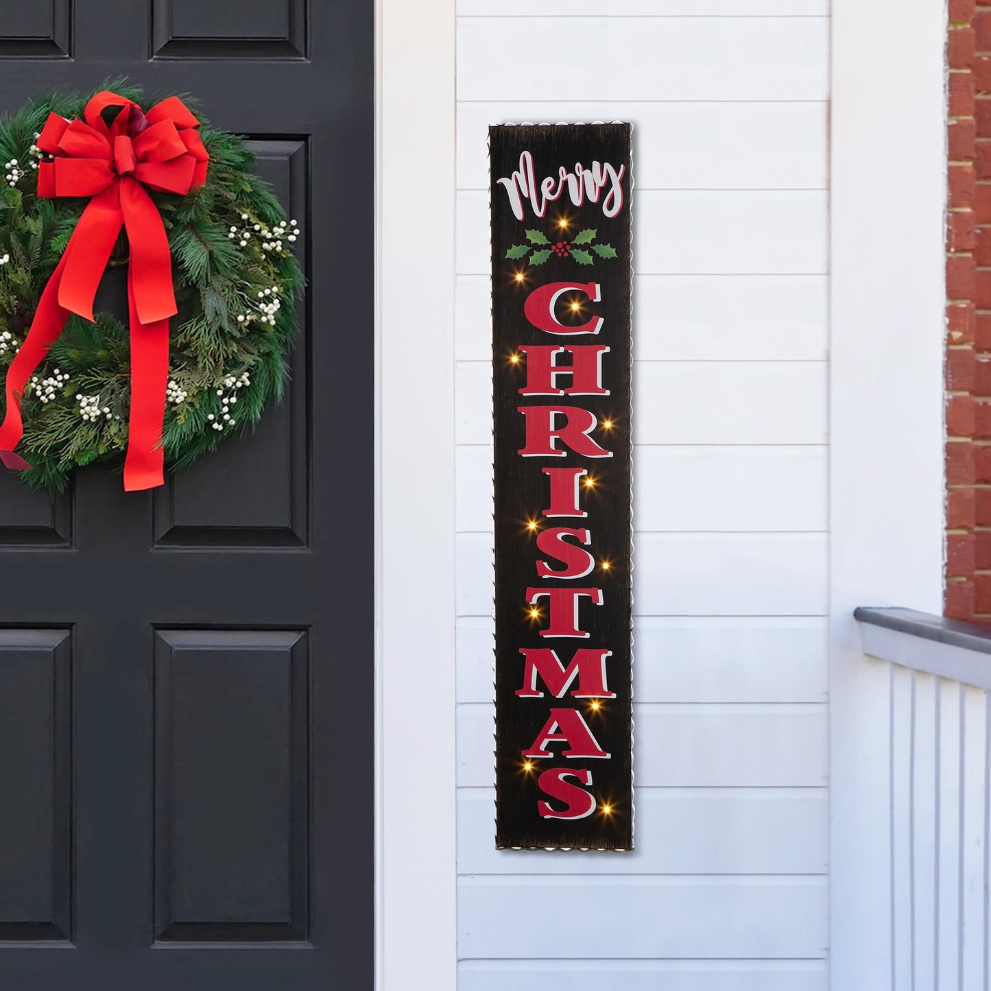 Glitzhome 42" H Lighted Wooden Black Christmas Porch Sign, Rustic Merry Christmas Vertical Porch Décor, Standing Hanging Holiday Party Signs Wall Door Decorations for Xmas