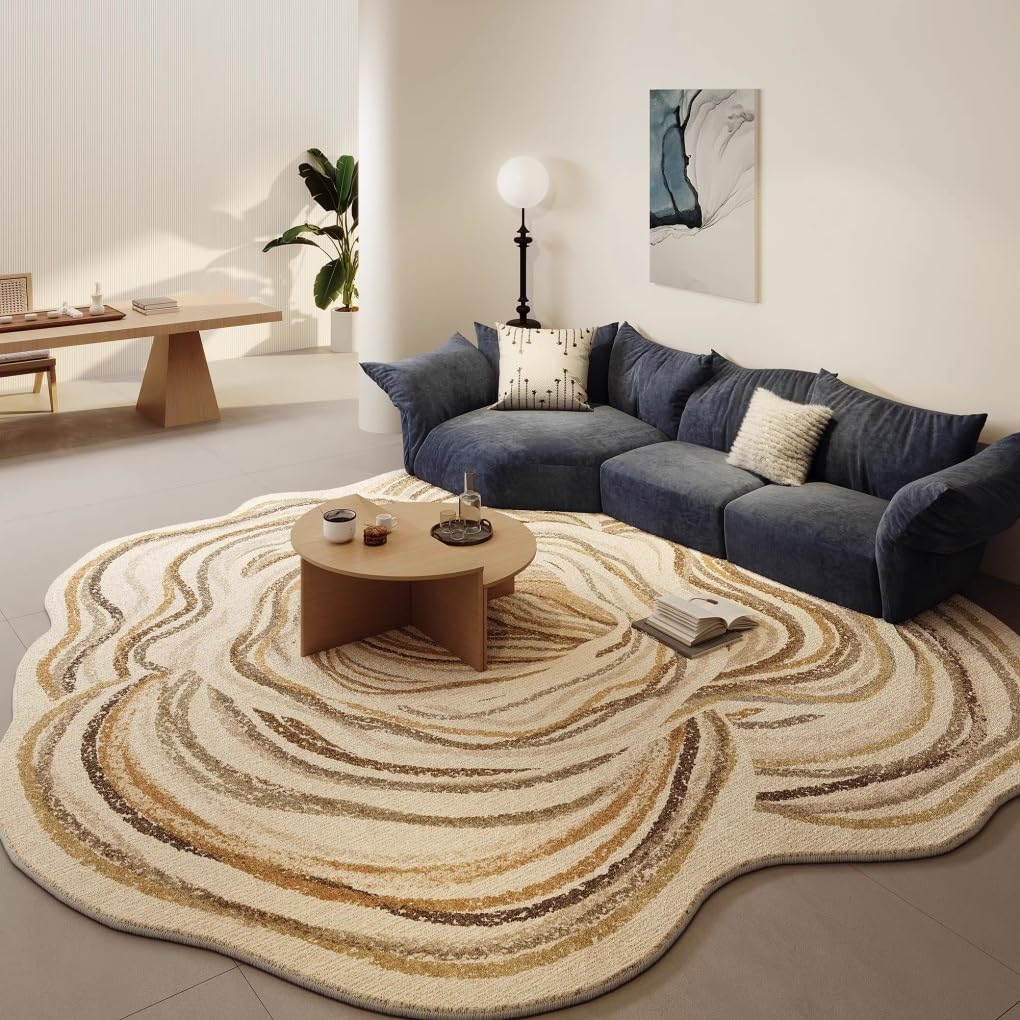 Organic Modern Indoor Irregular Shaped Area Rug 5ft for Livingroom Bedroom Diningroom Beige Brown Abstract Striped Texture Rugs Washable Non Slip Soft Carpet Nursery Dorm Art Deco Home Office Mats