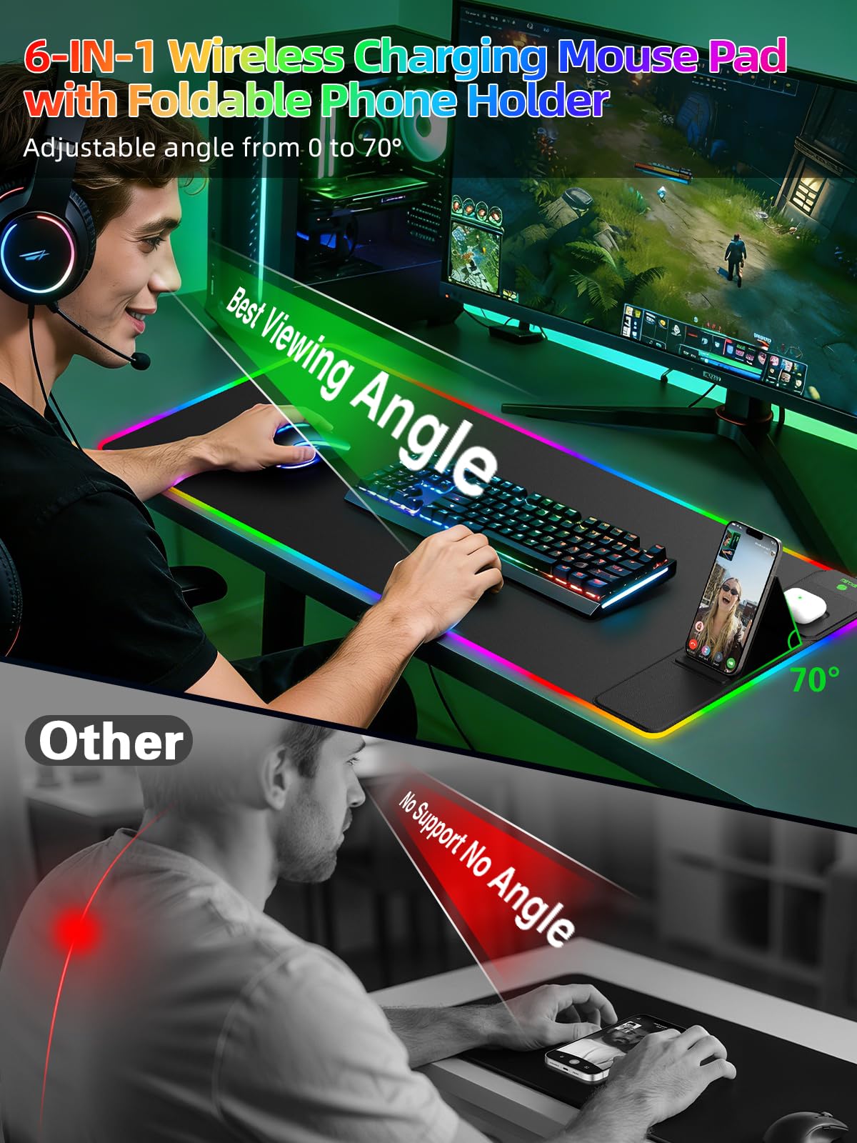 Mouse Pad with Foldable Phone Holder & Wireless Charger, XXL RGB Gaming Mousepad 31.5"x15.8" Large Desk Mat for Keyboard, Black Desk Pad with Dual Qi Charging Station | 11 Colors 5 Modes | Waterproof